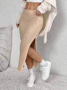 SHEIN Unity Women Solid Color Side Slit Hem Casual Knitted Skirt, Autumn-Winter - Beige - View 3