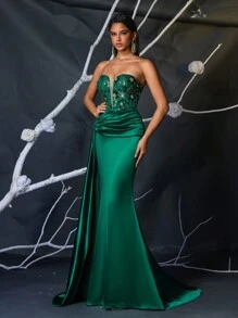 SHEIN Belle Elegante vestido de cola de sirena de satén brillante con pliegues en la cintura alta, cuello en V profundo y aplicaciones de lentejuelas tridimensionales verdes de lujo, adecuado para todas las ocasiones formales, cena de industria pesada, baile de graduación, invitado de boda - Verde - Ver 7