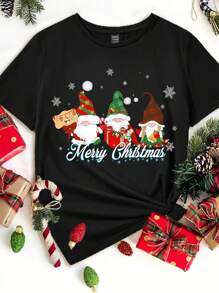 SHEIN EZwear T-shirt à manches courtes, col rond, avec un simple graphique du Père Noël. grande taille, décontracté, pour l'été