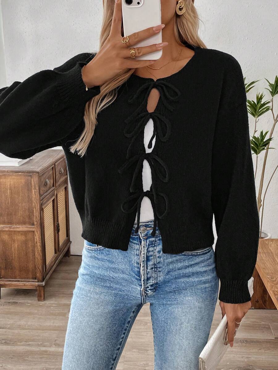 EMERY ROSE Áo len cardigan dài tay màu đen đơn sắc buộc phía trước cho nữ, áo dài tay - màu đen - Xem 1