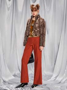 SHEIN Velvet Crop Jacket For Teen Girls, Fashionable Short Coat With Collar, Suitable For Party Or Daily Wear, Can Be Paired With Shoulder Bag, Backpack, Crossbody Bag, Baseball Cap, Beret, Boots, Sneakers, Sunglasses, Earphones - Coffee Brown - View 4