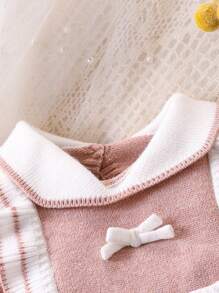 Baby Girls Turtleneck Knit Sweater Long Sleeve Jumpsuit, Comfortable & Warm For Autumn/Winter, Available In Camel, Pink, Earth Tones, Stylish & Versatile, With Cute Bow Accent, Suitable For Casual Wear, Home, Outings, Travel - Pink - View 5