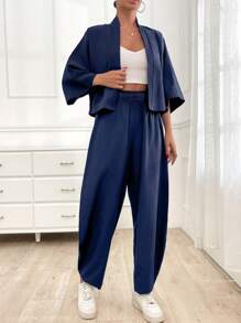 EURMUSE 2pcs/Set Casual Solid Color Daily Co-Ord Set - Jacket And Pants Day Time Navy Blue Autumn - Navy Blue - View 5