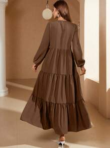 Mulvari Solid Color Front Tie Long Sleeve Ruched Minimalist Long Dress - Casual Daily Wear , Brown Maxi Women Outfit Fall Cloth For Women - Brown - View 2