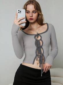 Chiquease Stijlvolle vierkante hals contrasterende rand stropdas sexy geribbelde gebreide trui