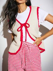 Poéselle Gilet in maglia rossa con bordi a contrasto, gilet in maglia con fiocco centrale e lacci, abbigliamento da donna, abbigliamento autunnale da donna, abbigliamento invernale, gilet con lacci, maglione senza maniche da donna con bordo a contrasto e fiocco anteriore, caldo e confortevole, adatto per uso quotidiano, strada, pendolarismo, vacanze, abbigliamento domestico - Albicocca - Visualizzare 4