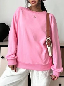 SHEIN EZwear Casual Solid Color Knitted Round Neck Loose Fit Sweatshirt For Women