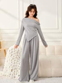 SHEIN 2pcs Teen Girls' Fall Gray Texture Off Shoulder Long Sleeve Fitted Top & Wide Leg Pants Casual Outfit Set - Dark Grey - View 4