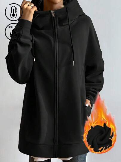 實色帽兜拉鍊運動衫，休閒長袖帶口袋