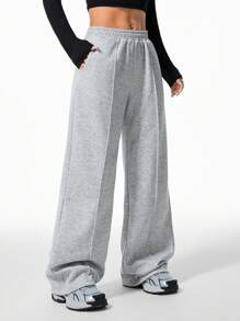 Coolane 女士纯色休闲运动日常休闲带羊毛口袋抽绳直筒休闲宽松舒适运动宽松运动裤秋冬季 - 灰色 - 查看 5