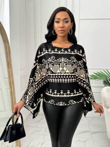 SHEIN Clasi Đầm dài tay cổ tròn in họa tiết toàn thân cho nữ (Cắt hoa ngẫu nhiên) - màu đen - Xem 3