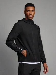 Manfinity Running 男友风格男士纯色长袖拉链连帽运动夹克，4 季 - 黑色 - 查看 1