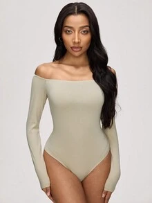 SHEIN BASICS Casualowy, jednolity kolor, dzianinowy, odkryty dekolt, body dla kobiet - Morela - Zobacz 4