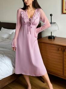 DAZY Satin & Contrast Lace Ruffle Sleeve Waist Cinched Nightgown Pajama - Dusty Pink - View 3