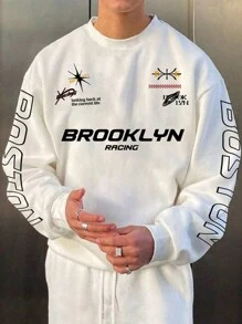 Teenage Boys' Round Neck Long Sleeve Letter Print Minimalist Sweatshirt, Casual Daily Wear