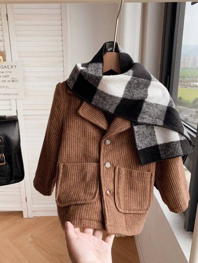 SHEIN 2pcs Baby Boys Outwear Set: Solid Color Jacquard Knit Jacket With Plaid Scarf, Suitable For Autumn, Winter, Birthday Party, Christmas Party, Wedding, Baby Shower, 1st Birthday