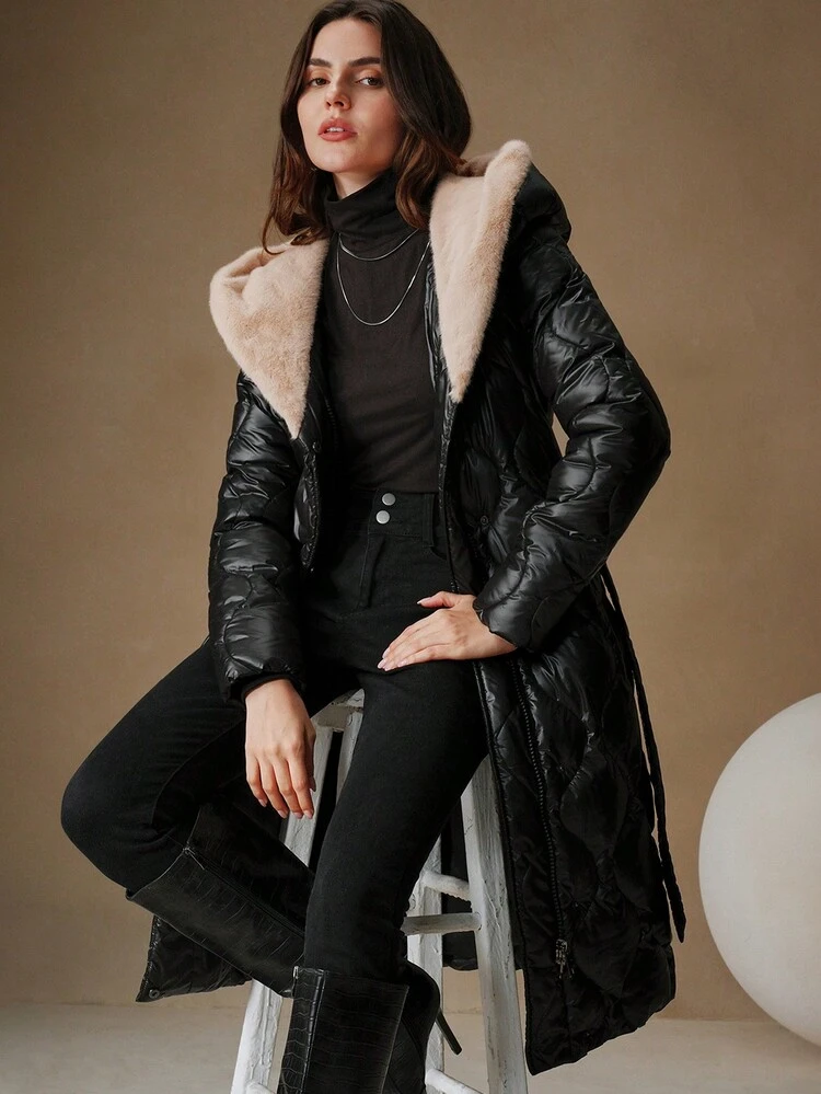 Loose Gourd-Shaped Fuzzy Splicing Long Padded Coat For Women