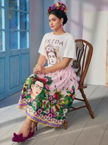 Frida Kahlo X SHEIN 大码优雅甜美粉色蝴蝶雏菊肖像艺术几何波尔卡圆点印花裙 - 彩色 - 查看 6