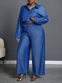 Slaydiva Bộ 2 món áo sơ mi crop top tay dài màu xanh denim rộng rãi thoải mái cho nữ size lớn - Z - Màu xanh lam - Xem 4