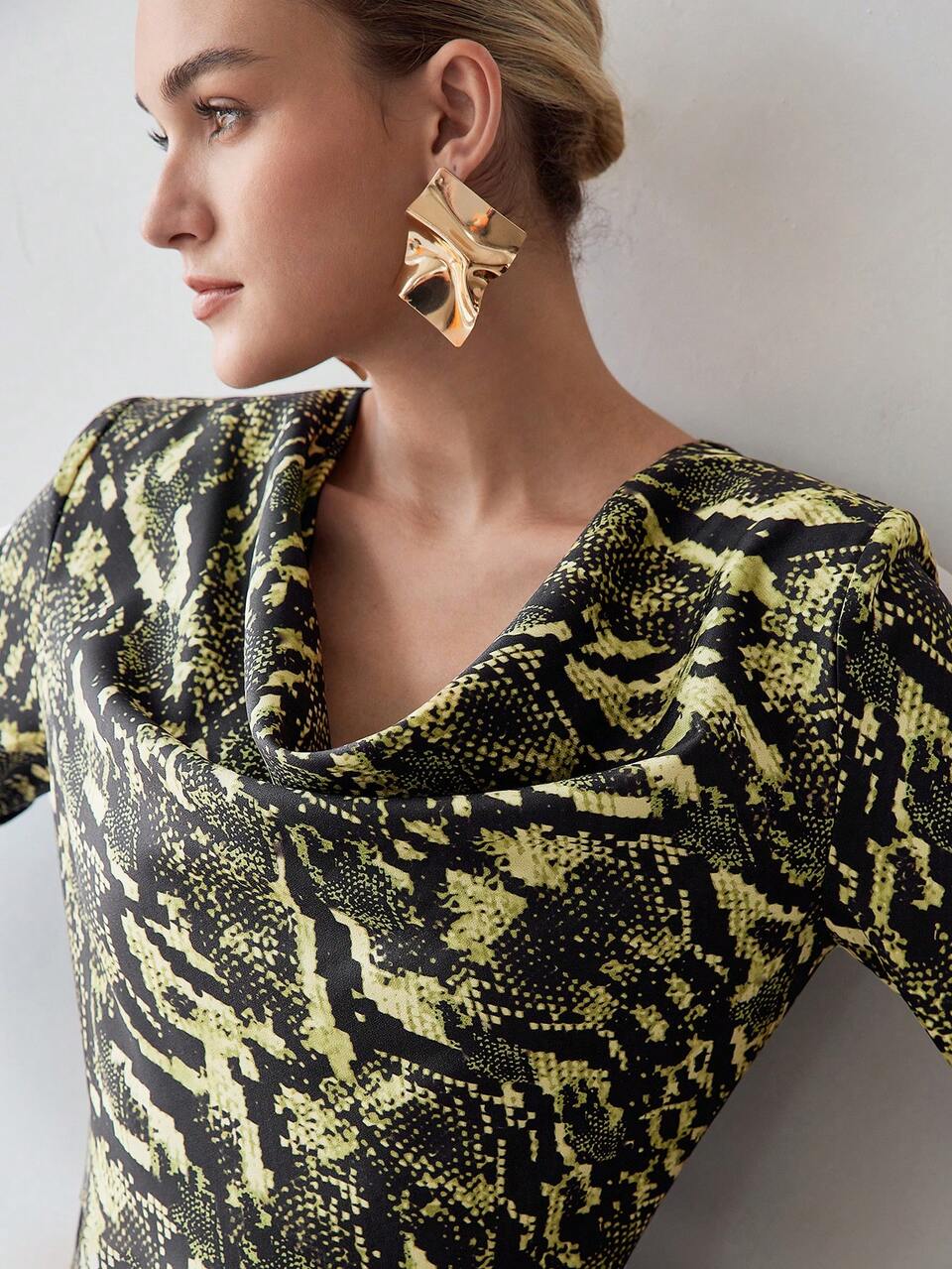 SNAKESKIN PRINT COWL NECK SPLIT HEM MIDI DRESS WITHOUT BELT