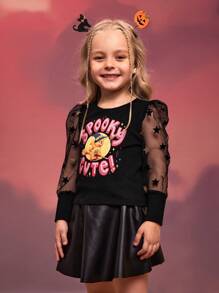 SHEIN X Care Bears Áo thun tay bồng in họa tiết gấu hoạt hình Halloween cho bé gái - màu đen - Xem 5