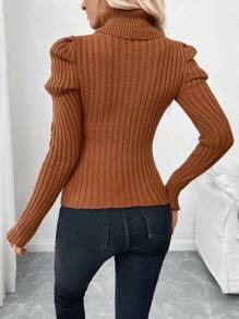 Chiquease 复古泡泡袖罗纹高领修身加厚长袖针织毛衣，欧美秋冬款，秋季 - 卡其色 - 查看 2