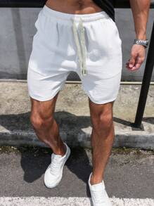 Manfinity Homme 男士纯色抽绳腰冰丝亚麻短裤纯色休闲度假白色抽绳短裤，适合老公、男朋友的礼物