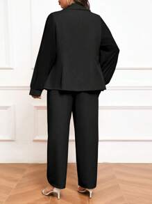 Calvaya Plus Size Solid Color Shawl Neck Long Sleeve Button Front Pocket Minimalist Blouse And Pants Suit - Black - View 2