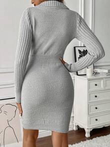 Chiquease Solid Color Long Sleeve Simple Button Cropped Sweater Dress, Casual Daily Wear - Grey - View 2