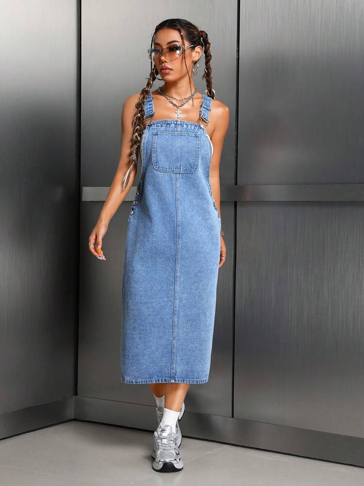 SHEIN Tall Women's Button Pocket Simple Casual Denim Dress With Wide Straps  | SHEIN EUQS