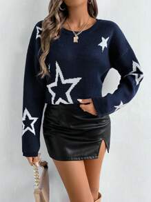 Chiquease Women's Casual Star Pattern Knit Sweater For Spring And Fall Knit Pullover Fall Winter Outfit - Navy Blue - View 5