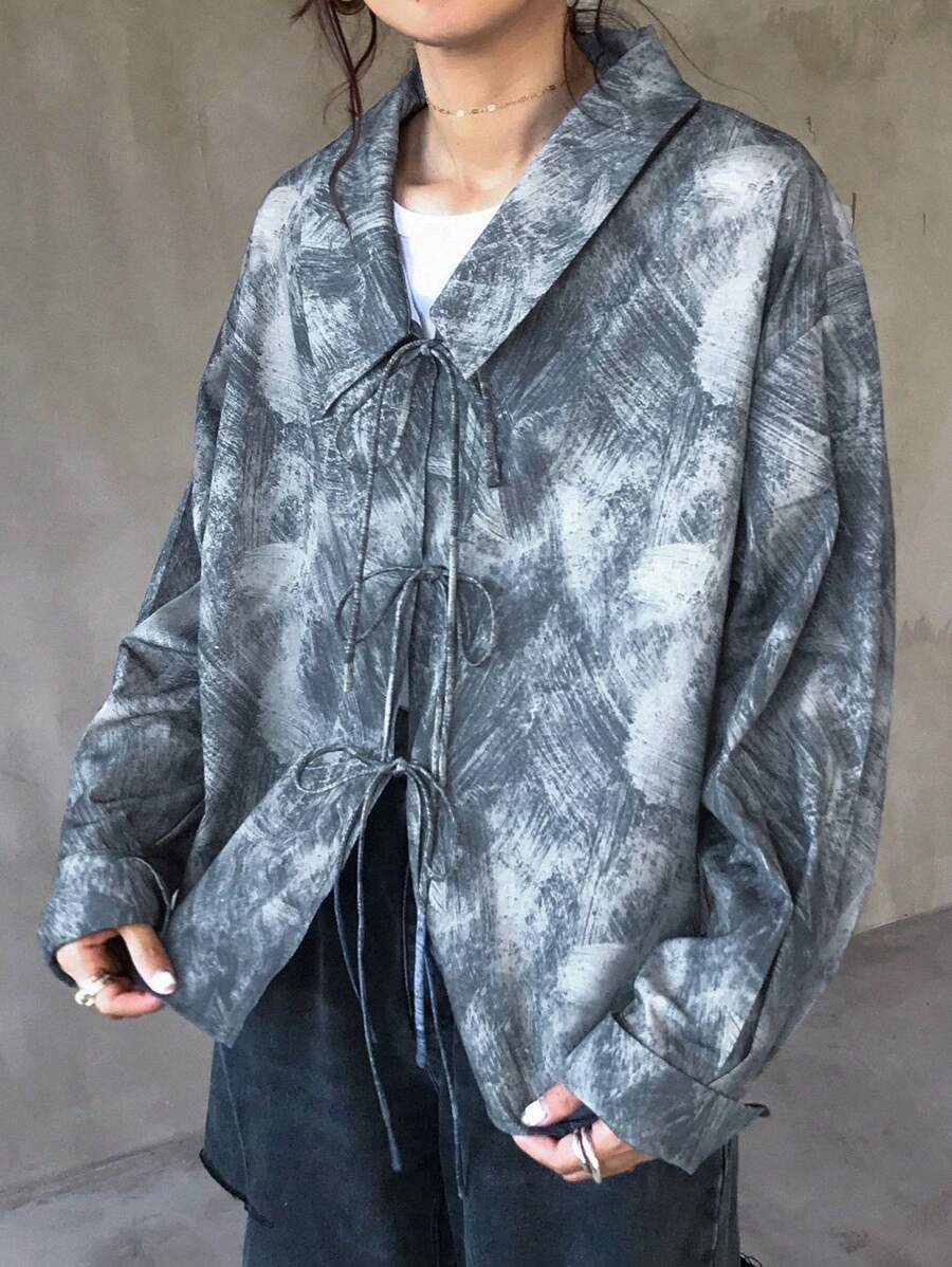 FRIFUL 女式长袖前系带全印花休闲衬衫 - 霧霾藍 - 查看 1