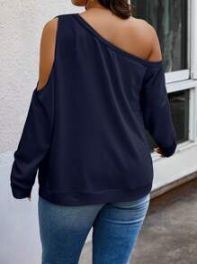 Calvaya 大码纯色斜领长袖不对称领口简约运动衫，日常休闲穿着 - 藏蓝色 - 查看 2