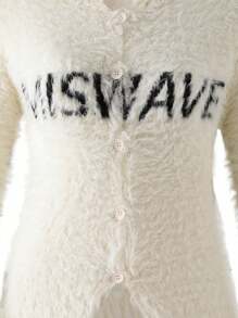 SHEIN Girls/Teen Oversized Collar Slouchy Letter Print Faux Mink Fur Short Cardigan Sweater, Suitable For Holiday Party With Shoulder Bag, Backpack, Crossbody Bag, Baseball Cap, Bucket Hat, Beret, Short Boots, Long Boots, Casual Shoes, Mary Janes, Sunglasses, Earphones - White - View 4