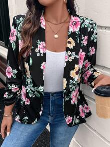 SHEIN LUNE Floral Print Knitted Plus Size Women's Spring Autumn Casual Long Sleeve Blazer Jacket