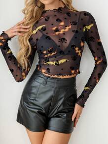 SHEIN Essnce Blusa de malla transparente de manga larga con cuello alto y estampado de calavera, corte slim; Top bustier de manga larga con encaje para mujer, para primavera y verano - Negro - Ver 4