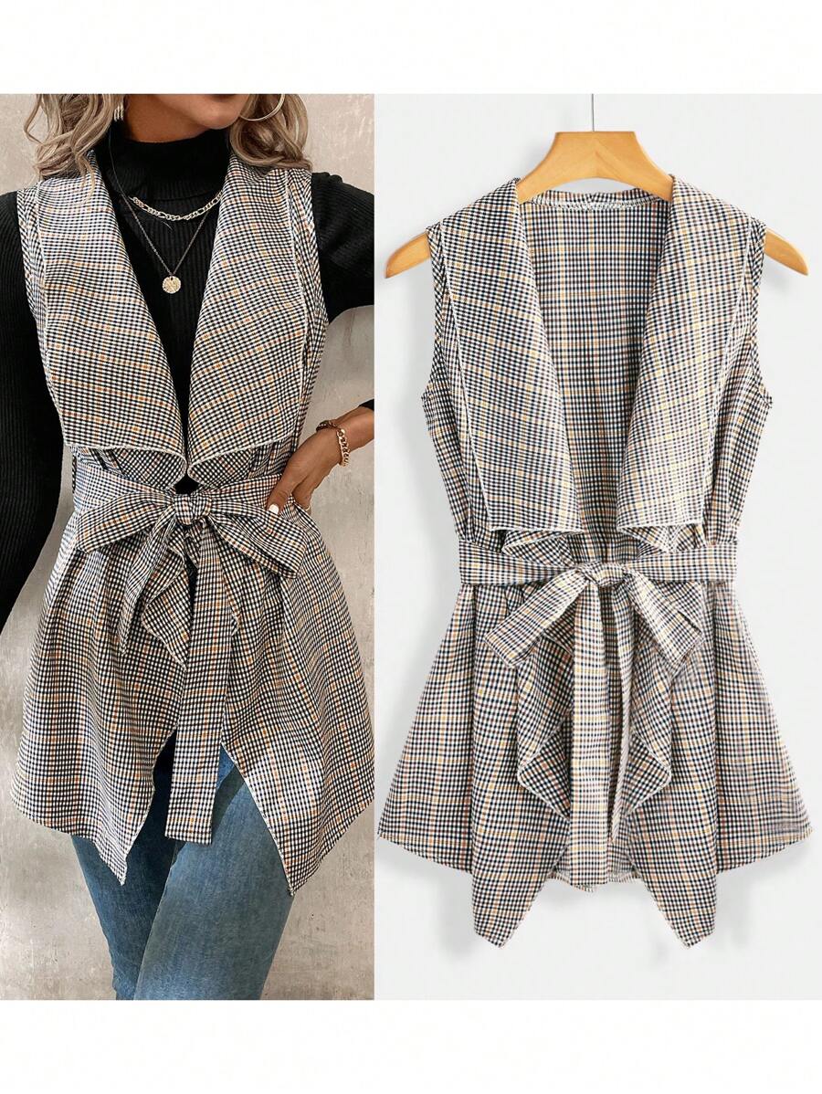 SHEIN Clasi 女士优雅纹理格子无袖夹克 - 彩色 - 查看 1