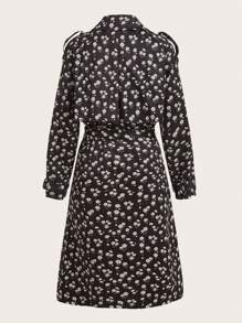 SHEIN EZwear Women's V-Neck Waisted Tie-Up Floral Patterned Casual Trench Coat