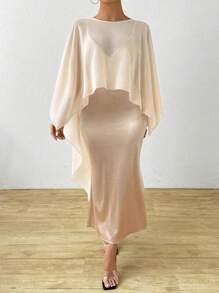 SHEIN Unity 2pcs/Set Plus Size Elegant Chiffon Cover Up And Slip Dress - Apricot - View 3