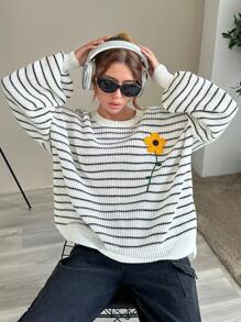 EURMUSE Áo len dệt kim thêu họa tiết sọc thường ngày cho nữ - Màu be - Xem 2