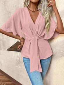 SHEIN Clasi Áo cánh tay ngắn cổ chữ V tối giản trơn màu dành cho nữ - Hồng - Xem 1