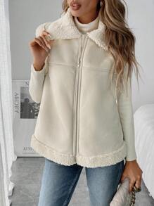 SHEIN LUNE Áo khoác nữ cổ bẻ màu be có khóa kéo cho mùa thu/đông - Màu be - Xem 5