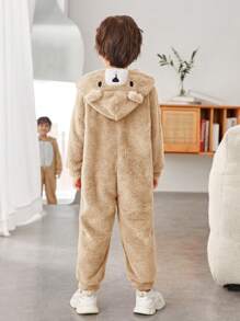 SHEIN Cute Loose Comfortable Embroidered 3D Animal Design Fleece Jumpsuit For Young Boys  Bear Jumpsuits - Khaki - View 2
