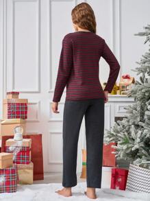 Cottnline 100% Cotton 2 Pcs  Striped New Year Embroidery Detail Shirt And Sleep Bottom Christmas PJ Set - Grey - View 2