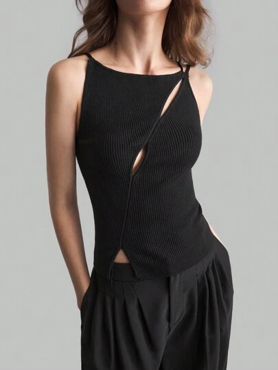 Ontre Women's Hollow Out Black Knit Camisole Top, Tight Fitting Basic Shirt, Modern Urban Casual Chic Business Casual Office Wear, Low-Key Elegant High-End Urban Commuter Style, Magazine Editor Same Style, Urban Social Vacation Party Outfit, Charming Low-Key Durable Basic Versatile Non-Picky Clothing, Street Fashion Cafe Relaxed Outfit Street-Cool, High-End, Simple, Cool Motorcycle Style Workwear Modern Urban Casual Fashion Business Casual Women's Office Wear Low-Key Old Money Style Effortless Tempera