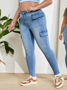 CovetEZ Plus Flap Pocket Side Cargo Jeans - Light Wash - View 4
