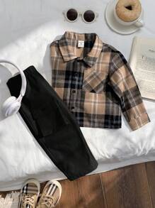 SHEIN 2 件套幼儿格子翻领长袖衬衫和休闲裤套装，男婴服装 - 黑色 - 查看 7