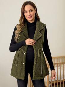 SHEIN Maternity Fuzzy Collar Button Vest Jacket, For Autumn & Winter Pregnancy - Army Green - View 1