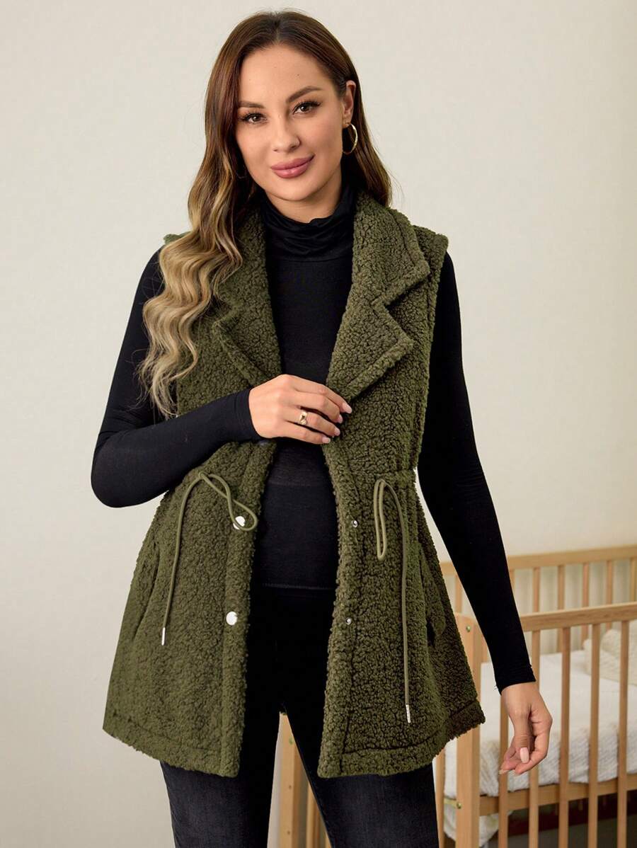 SHEIN Maternity Fuzzy Collar Button Vest Jacket, For Autumn & Winter Pregnancy - Army Green - View 1