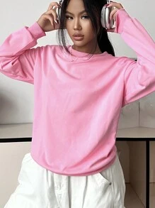 SHEIN EZwear Casual Solid Color Knitted Round Neck Loose Fit Sweatshirt For Women